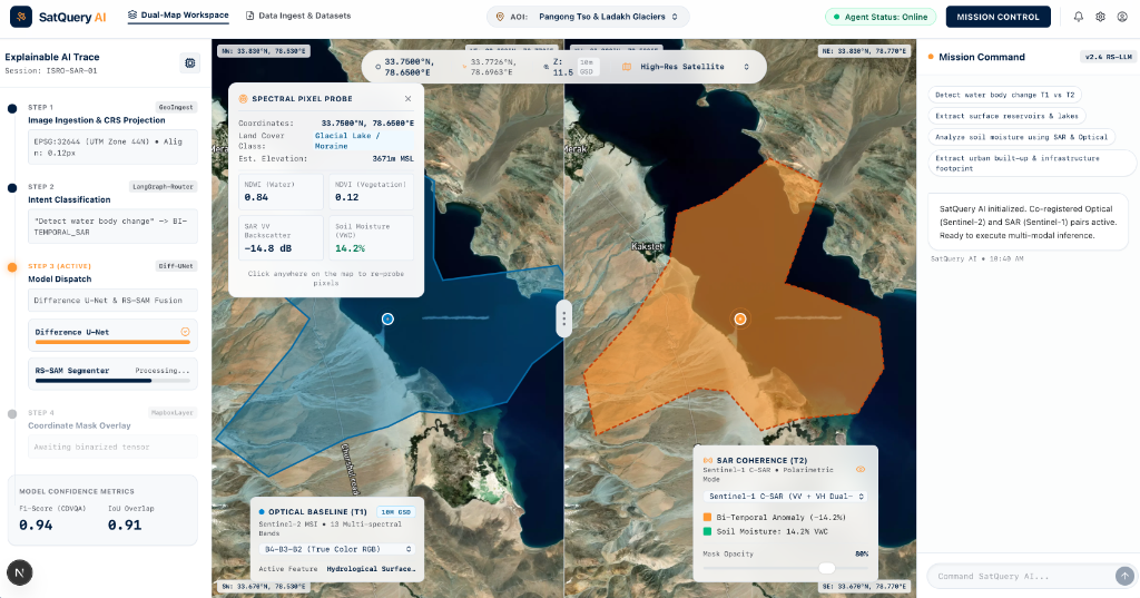 ISRO SatQuery AI Dual-Panel GIS Workspace